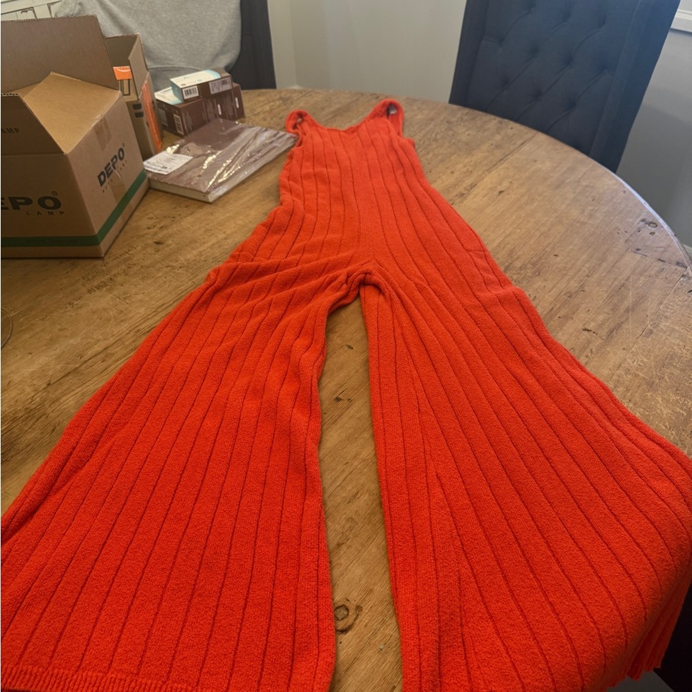 Free People Bold Orange Ribbed Jumpsuit